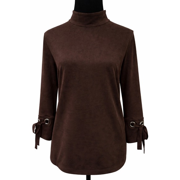 Chico's Tops - Chico's Womens Mock Neck Top Sz 1 Green Faux Suede Long Sleeve Tie Cuff Stretch